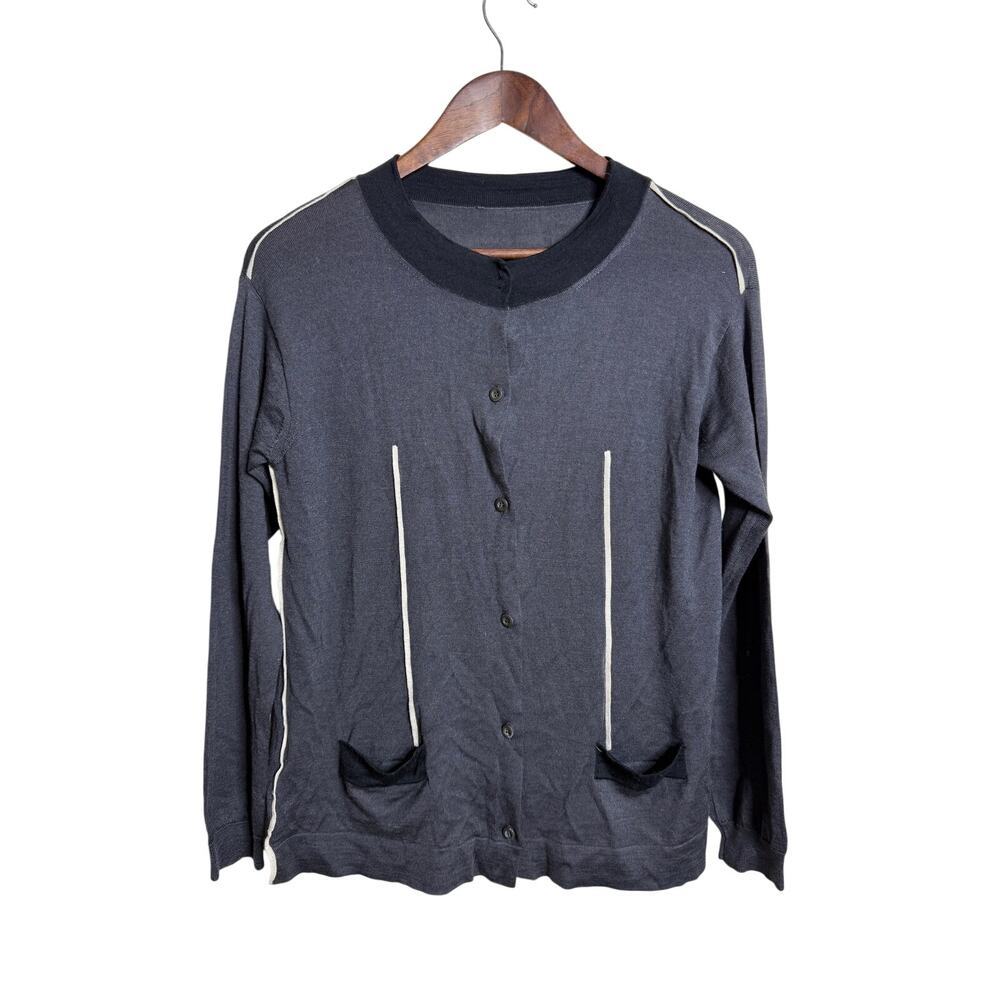 Prada Wool Silk Cardigan IT 42 US 6 Gray Contrast Piping Fine Knit Made in Italy
